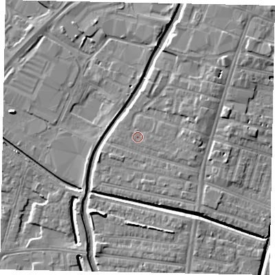 Shaded relief map of the ground around LN57RB, computed from Environment Agency LiDAR. The ground here sits at about 6 m above sea level and falls 7 m across the surrounding 800 m. Surface water reaching this point runs off ground lying to the east, 1.8 m higher.