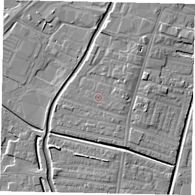 Shaded relief map of the ground around LN57RE, computed from Environment Agency LiDAR. The ground here sits at about 6 m above sea level and falls 7 m across the surrounding 800 m. Surface water reaching this point runs off ground lying to the east, 1.4 m higher.
