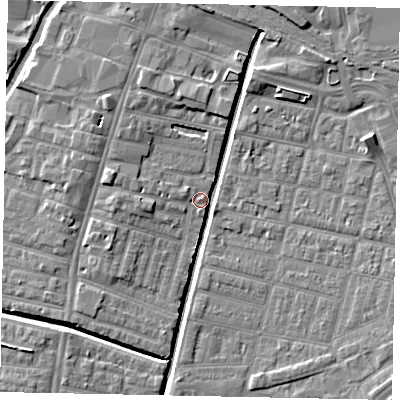 Shaded relief map of the ground around LN57RH, computed from Environment Agency LiDAR. The ground here sits at about 6 m above sea level and falls 6 m across the surrounding 800 m. Surface water reaching this point runs off ground lying to the north-west, 6.3 m higher.