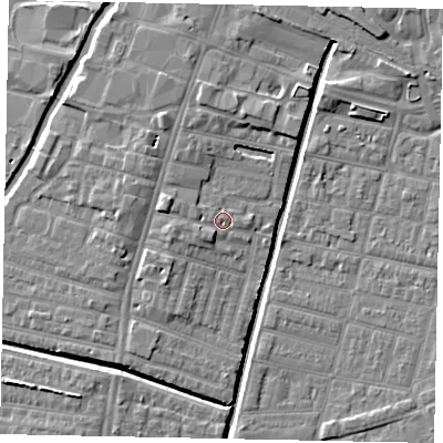 Shaded relief map of the ground around LN57RZ, computed from Environment Agency LiDAR. The ground here sits at about 6 m above sea level and falls 6 m across the surrounding 800 m. Surface water reaching this point runs off ground lying to the south-west, 1.7 m higher.