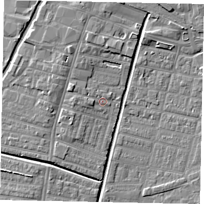 Shaded relief map of the ground around LN57SB, computed from Environment Agency LiDAR. The ground here sits at about 6 m above sea level and falls 6 m across the surrounding 800 m. Surface water reaching this point runs off ground lying to the west, 2.0 m higher.