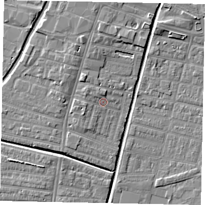 Shaded relief map of the ground around LN57SH, computed from Environment Agency LiDAR. The ground here sits at about 6 m above sea level and falls 6 m across the surrounding 800 m. Surface water reaching this point runs off ground lying to the west-south-west, 2.1 m higher.