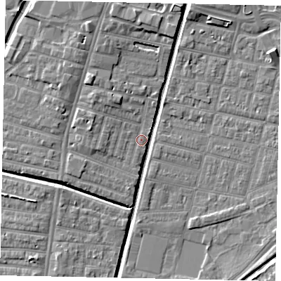 Shaded relief map of the ground around LN57SJ, computed from Environment Agency LiDAR. The ground here sits at about 5 m above sea level and falls 7 m across the surrounding 800 m. Surface water reaching this point runs off ground lying to the north-west, 3.6 m higher.