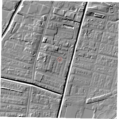Shaded relief map of the ground around LN57SL, computed from Environment Agency LiDAR. The ground here sits at about 5 m above sea level and falls 6 m across the surrounding 800 m. Surface water reaching this point runs off ground lying to the west, 2.6 m higher.