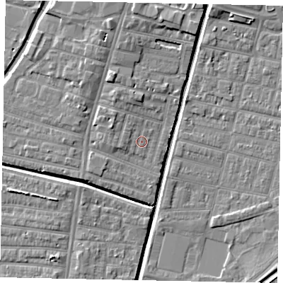 Shaded relief map of the ground around LN57SN, computed from Environment Agency LiDAR. The ground here sits at about 6 m above sea level and falls 7 m across the surrounding 800 m. Surface water reaching this point runs off ground lying to the west, 1.2 m higher.