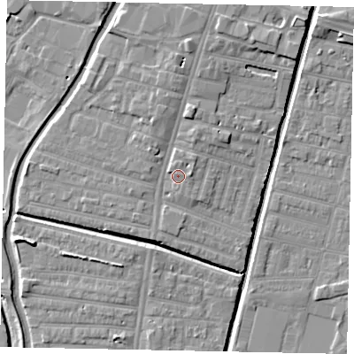 Shaded relief map of the ground around LN57SR, computed from Environment Agency LiDAR. The ground here sits at about 7 m above sea level and falls 7 m across the surrounding 800 m. Surface water reaching this point runs off ground lying to the east, 1.6 m higher.