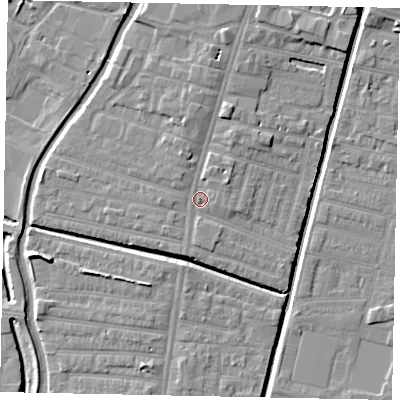 Shaded relief map of the ground around LN57SS, computed from Environment Agency LiDAR. The ground here sits at about 6 m above sea level and falls 7 m across the surrounding 800 m. Surface water reaching this point runs off ground lying to the north-north-east, 3.1 m higher.