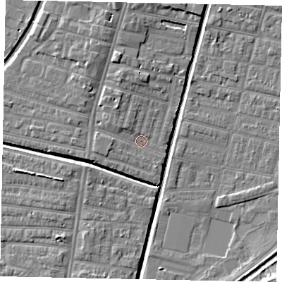 Shaded relief map of the ground around LN57SX, computed from Environment Agency LiDAR. The ground here sits at about 5 m above sea level and falls 8 m across the surrounding 800 m. Surface water reaching this point runs off ground lying to the north-north-west, 3.1 m higher.