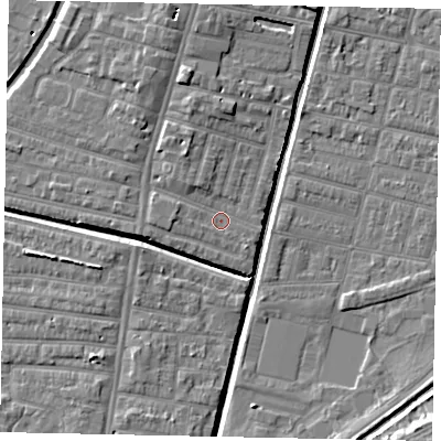 Shaded relief map of the ground around LN57SY, computed from Environment Agency LiDAR. The ground here sits at about 6 m above sea level and falls 8 m across the surrounding 800 m. Surface water reaching this point runs off ground lying to the north-north-west, 3.1 m higher.