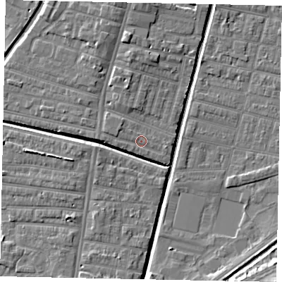 Shaded relief map of the ground around LN57TA, computed from Environment Agency LiDAR. The ground here sits at about 6 m above sea level and falls 10 m across the surrounding 800 m. Surface water reaching this point runs off ground lying to the west, 1.6 m higher.