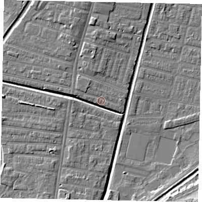 Shaded relief map of the ground around LN57TD, computed from Environment Agency LiDAR. The ground here sits at about 6 m above sea level and falls 10 m across the surrounding 800 m. Surface water reaching this point runs off ground lying to the south-south-west, 5.7 m higher.