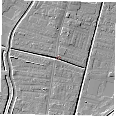 Shaded relief map of the ground around LN57TE, computed from Environment Agency LiDAR. The ground here sits at about 6 m above sea level and falls 8 m across the surrounding 800 m. Surface water reaching this point runs off ground lying to the south-south-west, 5.7 m higher.