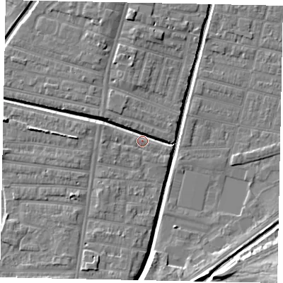Shaded relief map of the ground around LN57TF, computed from Environment Agency LiDAR. The ground here sits at about 6 m above sea level and falls 12 m across the surrounding 800 m. Surface water reaching this point runs off ground lying to the south-south-west, 5.9 m higher.