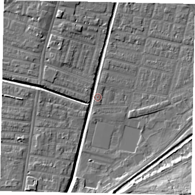 Shaded relief map of the ground around LN57TG, computed from Environment Agency LiDAR. The ground here sits at about 5 m above sea level and falls 14 m across the surrounding 800 m. Surface water reaching this point runs off ground lying to the south, 5.6 m higher.