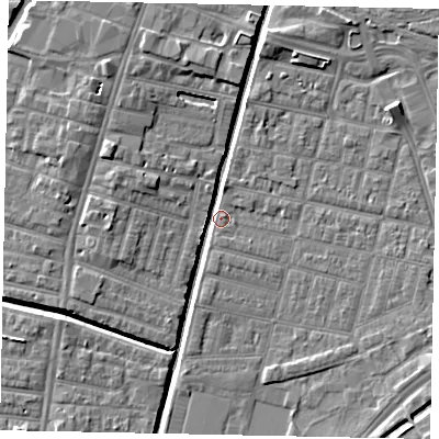 Shaded relief map of the ground around LN57TH, computed from Environment Agency LiDAR. The ground here sits at about 5 m above sea level and falls 6 m across the surrounding 800 m. Surface water reaching this point runs off ground lying to the east-south-east, 2.1 m higher.