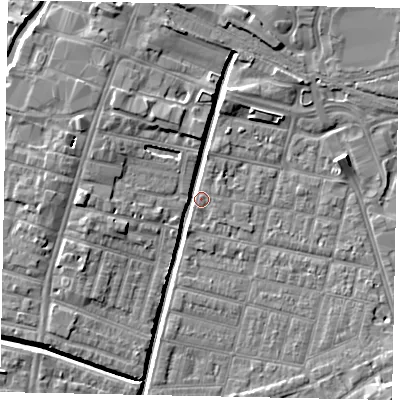 Shaded relief map of the ground around LN57TJ, computed from Environment Agency LiDAR. The ground here sits at about 5 m above sea level and falls 6 m across the surrounding 800 m. Surface water reaching this point runs off ground lying to the west-north-west, 6.3 m higher.
