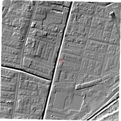 Shaded relief map of the ground around LN57TQ, computed from Environment Agency LiDAR. The ground here sits at about 5 m above sea level and falls 9 m across the surrounding 800 m. Surface water reaching this point runs off ground lying to the west-south-west, 4.8 m higher.