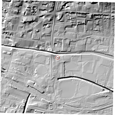 Shaded relief map of the ground around LN57TR, computed from Environment Agency LiDAR. The ground here sits at about 6 m above sea level and falls 22 m across the surrounding 800 m. Surface water reaching this point runs off ground lying to the west-north-west, 3.3 m higher.