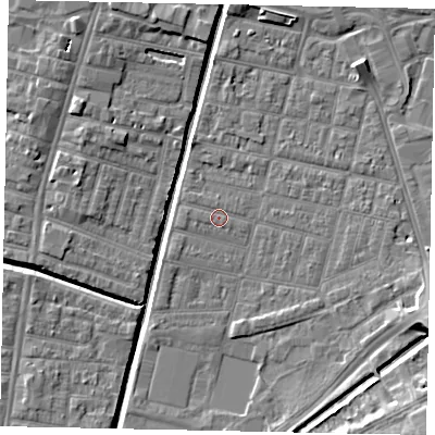 Shaded relief map of the ground around LN57TT, computed from Environment Agency LiDAR. The ground here sits at about 5 m above sea level and falls 9 m across the surrounding 800 m. Surface water reaching this point runs off ground lying to the west, 0.9 m higher.