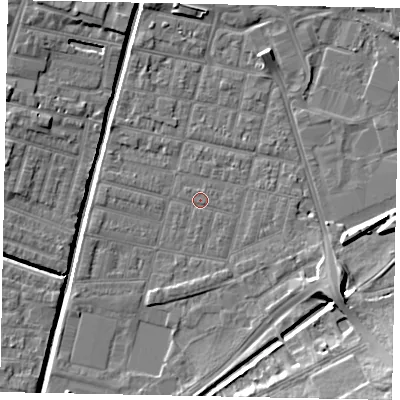 Shaded relief map of the ground around LN57TU, computed from Environment Agency LiDAR. The ground here sits at about 5 m above sea level and falls 13 m across the surrounding 800 m. Surface water reaching this point runs off ground lying to the south-east, 0.7 m higher.