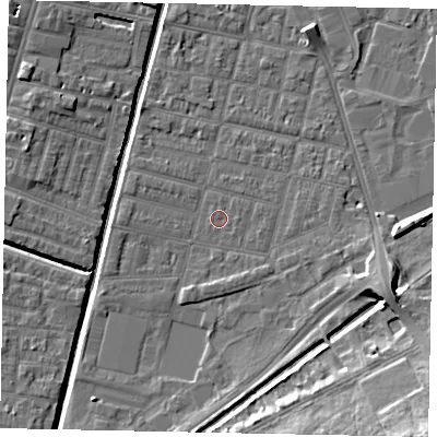 Shaded relief map of the ground around LN57TX, computed from Environment Agency LiDAR. The ground here sits at about 5 m above sea level and falls 15 m across the surrounding 800 m. Surface water reaching this point runs off ground lying to the east, 0.6 m higher.