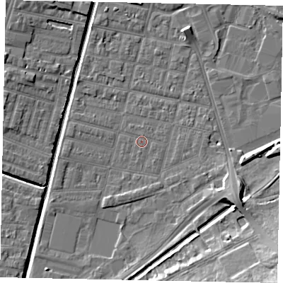 Shaded relief map of the ground around LN57TY, computed from Environment Agency LiDAR. The ground here sits at about 5 m above sea level and falls 15 m across the surrounding 800 m. Surface water reaching this point runs off ground lying to the east-south-east, 0.7 m higher.