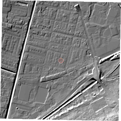Shaded relief map of the ground around LN57TZ, computed from Environment Agency LiDAR. The ground here sits at about 5 m above sea level and falls 17 m across the surrounding 800 m. Surface water reaching this point runs off ground lying to the south-east, 0.6 m higher.