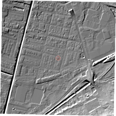 Shaded relief map of the ground around LN57UA, computed from Environment Agency LiDAR. The ground here sits at about 5 m above sea level and falls 17 m across the surrounding 800 m. The ground contributing surface water to this point lies to the south.