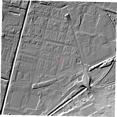 Shaded relief map of the ground around LN57UB, computed from Environment Agency LiDAR. The ground here sits at about 5 m above sea level and falls 15 m across the surrounding 800 m. Surface water reaching this point runs off ground lying to the east-south-east, 0.8 m higher.