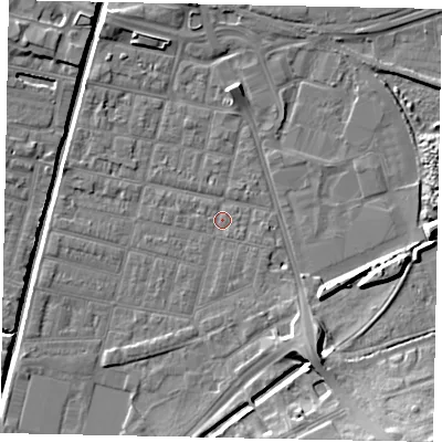 Shaded relief map of the ground around LN57UD, computed from Environment Agency LiDAR. The ground here sits at about 5 m above sea level and falls 14 m across the surrounding 800 m. Surface water reaching this point runs off ground lying to the east, 1.1 m higher.