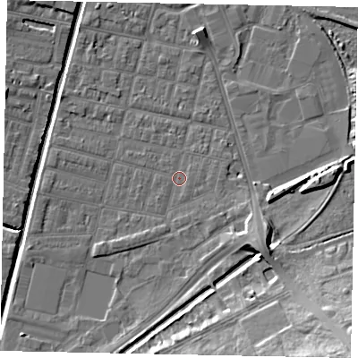 Shaded relief map of the ground around LN57UE, computed from Environment Agency LiDAR. The ground here sits at about 5 m above sea level and falls 18 m across the surrounding 800 m. Surface water reaching this point runs off ground lying to the south-east, 0.6 m higher.