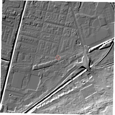Shaded relief map of the ground around LN57UF, computed from Environment Agency LiDAR. The ground here sits at about 5 m above sea level and falls 23 m across the surrounding 800 m. Surface water reaching this point runs off ground lying to the east, 1.7 m higher.