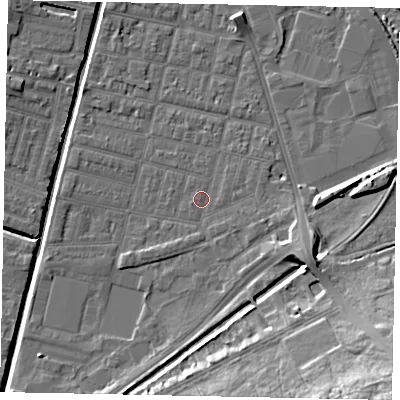 Shaded relief map of the ground around LN57UG, computed from Environment Agency LiDAR. The ground here sits at about 5 m above sea level and falls 19 m across the surrounding 800 m. Surface water reaching this point runs off ground lying to the east-north-east, 0.7 m higher.