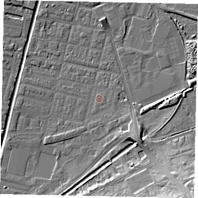 Shaded relief map of the ground around LN57UH, computed from Environment Agency LiDAR. The ground here sits at about 5 m above sea level and falls 18 m across the surrounding 800 m. The ground contributing surface water to this point lies to the east.