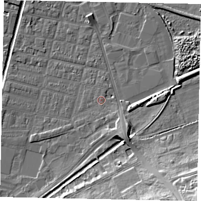 Shaded relief map of the ground around LN57UJ, computed from Environment Agency LiDAR. The ground here sits at about 5 m above sea level and falls 21 m across the surrounding 800 m. Surface water reaching this point runs off ground lying to the south-east, 3.1 m higher.