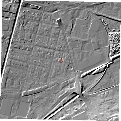 Shaded relief map of the ground around LN57UL, computed from Environment Agency LiDAR. The ground here sits at about 5 m above sea level and falls 16 m across the surrounding 800 m. Surface water reaching this point runs off ground lying to the south-south-east, 0.7 m higher.