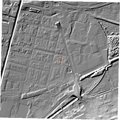 Shaded relief map of the ground around LN57UN, computed from Environment Agency LiDAR. The ground here sits at about 5 m above sea level and falls 15 m across the surrounding 800 m. Surface water reaching this point runs off ground lying to the east-south-east, 0.9 m higher.