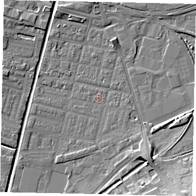 Shaded relief map of the ground around LN57UP, computed from Environment Agency LiDAR. The ground here sits at about 5 m above sea level and falls 13 m across the surrounding 800 m. Surface water reaching this point runs off ground lying to the south-east, 0.9 m higher.
