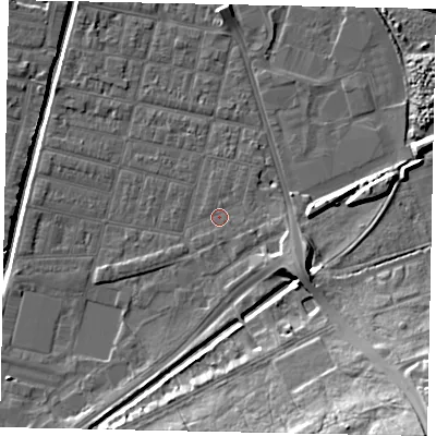 Shaded relief map of the ground around LN57UQ, computed from Environment Agency LiDAR. The ground here sits at about 5 m above sea level and falls 22 m across the surrounding 800 m. Surface water reaching this point runs off ground lying to the east-south-east, 1.0 m higher.