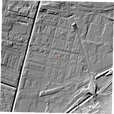 Shaded relief map of the ground around LN57UR, computed from Environment Agency LiDAR. The ground here sits at about 5 m above sea level and falls 11 m across the surrounding 800 m. Surface water reaching this point runs off ground lying to the south-east, 2.0 m higher.