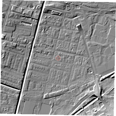 Shaded relief map of the ground around LN57UT, computed from Environment Agency LiDAR. The ground here sits at about 5 m above sea level and falls 11 m across the surrounding 800 m. Surface water reaching this point runs off ground lying to the south-east, 2.0 m higher.