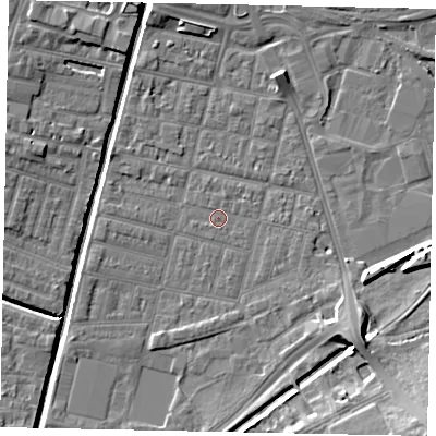 Shaded relief map of the ground around LN57UU, computed from Environment Agency LiDAR. The ground here sits at about 5 m above sea level and falls 13 m across the surrounding 800 m. Surface water reaching this point runs off ground lying to the south-east, 10.5 m higher.