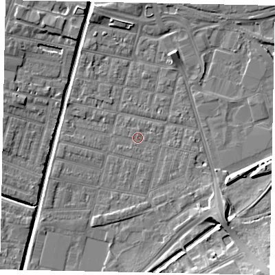 Shaded relief map of the ground around LN57UW, computed from Environment Agency LiDAR. The ground here sits at about 5 m above sea level and falls 12 m across the surrounding 800 m. Surface water reaching this point runs off ground lying to the east-south-east, 1.0 m higher.