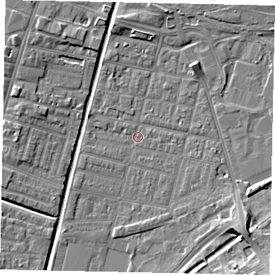 Shaded relief map of the ground around LN57UX, computed from Environment Agency LiDAR. The ground here sits at about 4 m above sea level and falls 9 m across the surrounding 800 m. Surface water reaching this point runs off ground lying to the south-east, 2.1 m higher.