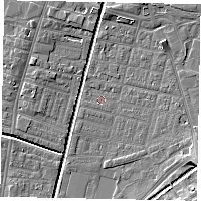 Shaded relief map of the ground around LN57UY, computed from Environment Agency LiDAR. The ground here sits at about 5 m above sea level and falls 9 m across the surrounding 800 m. Surface water reaching this point runs off ground lying to the east-south-east, 2.1 m higher.