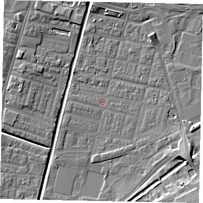 Shaded relief map of the ground around LN57UZ, computed from Environment Agency LiDAR. The ground here sits at about 4 m above sea level and falls 10 m across the surrounding 800 m. Surface water reaching this point runs off ground lying to the south-east, 7.6 m higher.