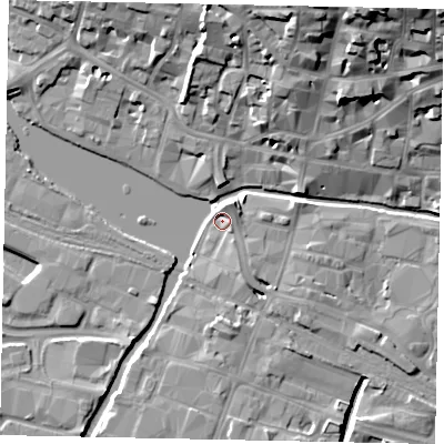 Shaded relief map of the ground around LN57WA, computed from Environment Agency LiDAR. The ground here sits at about 6 m above sea level and falls 23 m across the surrounding 800 m. Surface water reaching this point runs off ground lying to the south-south-east, 2.0 m higher.