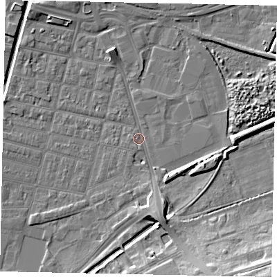 Shaded relief map of the ground around LN57WB, computed from Environment Agency LiDAR. The ground here sits at about 5 m above sea level and falls 16 m across the surrounding 800 m. Surface water reaching this point runs off ground lying to the south-south-east, 5.5 m higher.