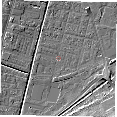 Shaded relief map of the ground around LN57XA, computed from Environment Agency LiDAR. The ground here sits at about 5 m above sea level and falls 14 m across the surrounding 800 m. Surface water reaching this point runs off ground lying to the south-east, 11.8 m higher.