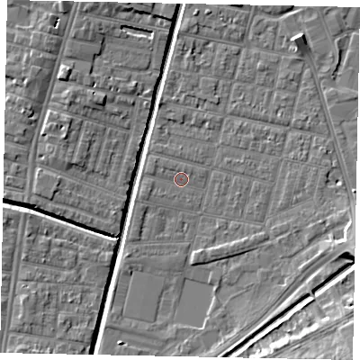 Shaded relief map of the ground around LN57XB, computed from Environment Agency LiDAR. The ground here sits at about 5 m above sea level and falls 11 m across the surrounding 800 m. Surface water reaching this point runs off ground lying to the west-south-west, 1.1 m higher.